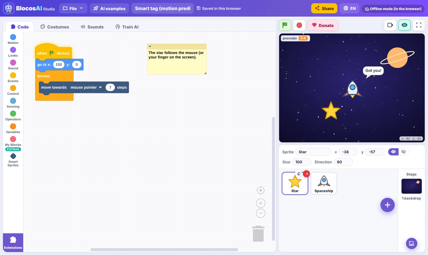BlocosIA Studio editor: colorful blocks on the left and, on the right, the stage with a spaceship chasing a star by predicting its motion